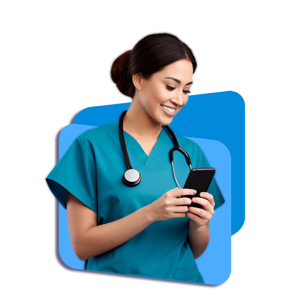 Staffscanner Beautiful Nurse checking for shifts on phone