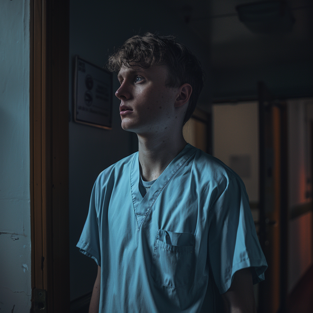 Carer_Burnout_Picture of light blue overalls on a carer walking out of a door at night.